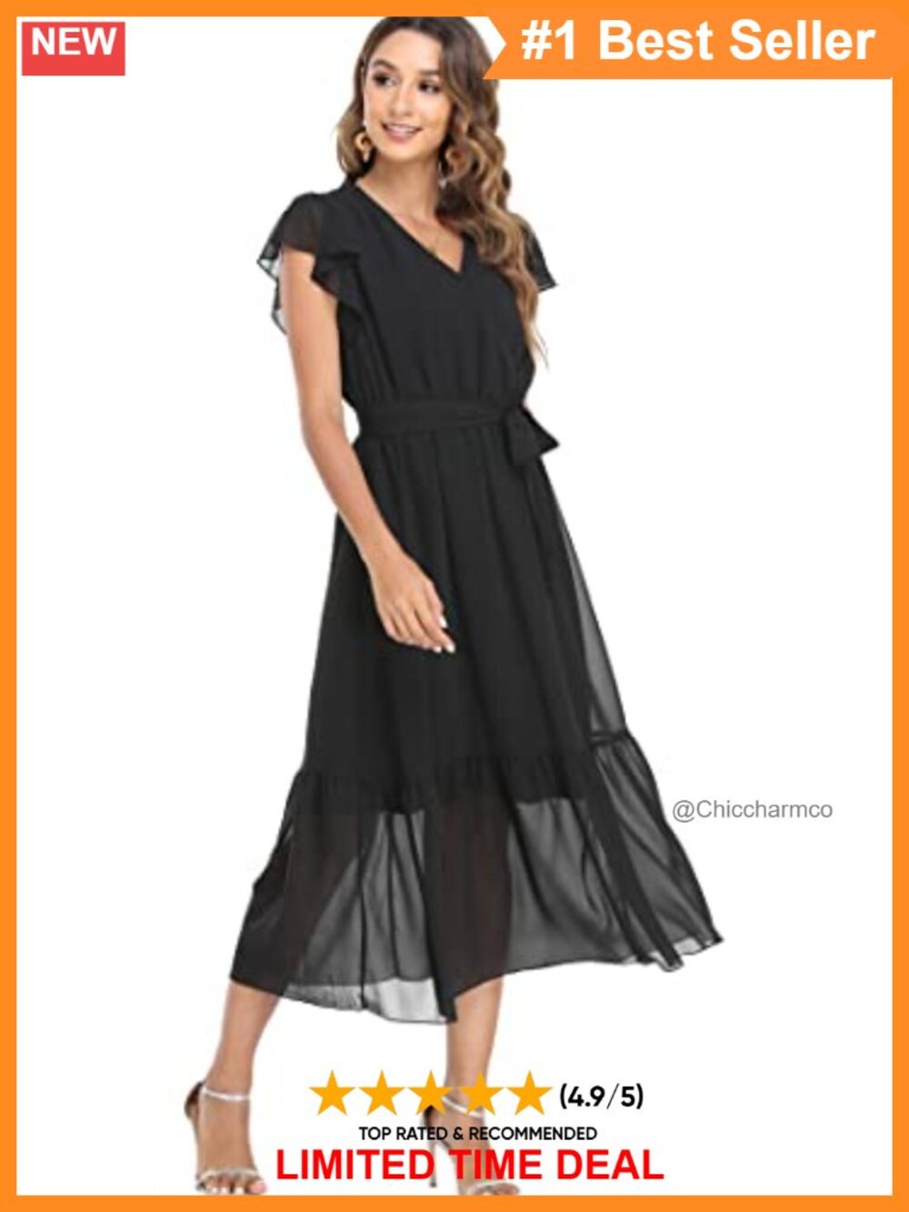 Women's Floral Chiffon Midi Dress V-Neck Ruffle Cap Sleeve Summer Casual